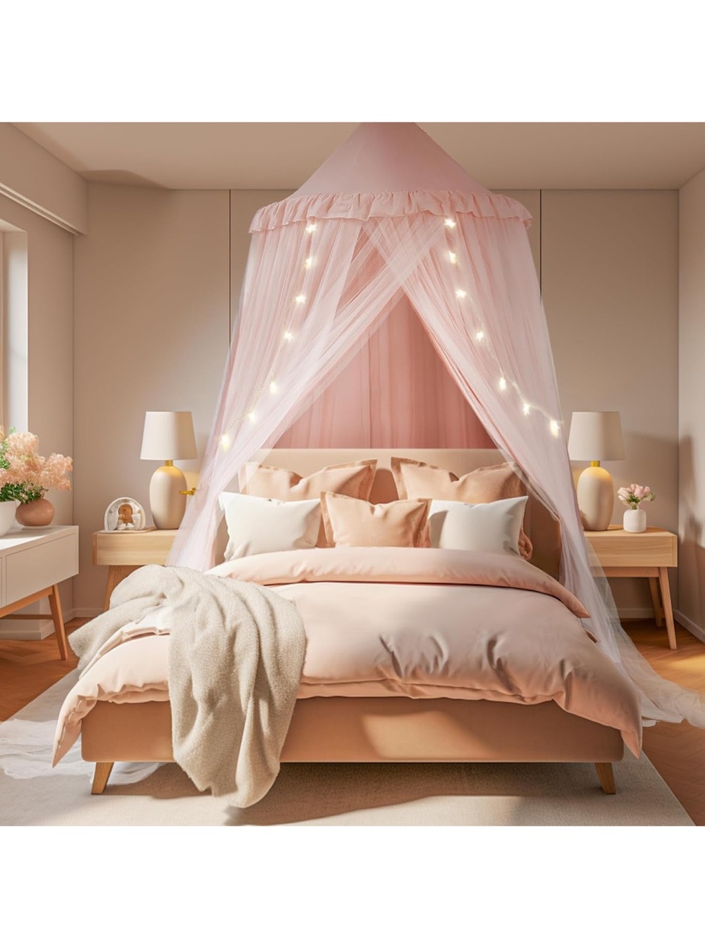 Soft Pink Bed Canopy with Fairy Lights - Romantic Bedroom Canopy